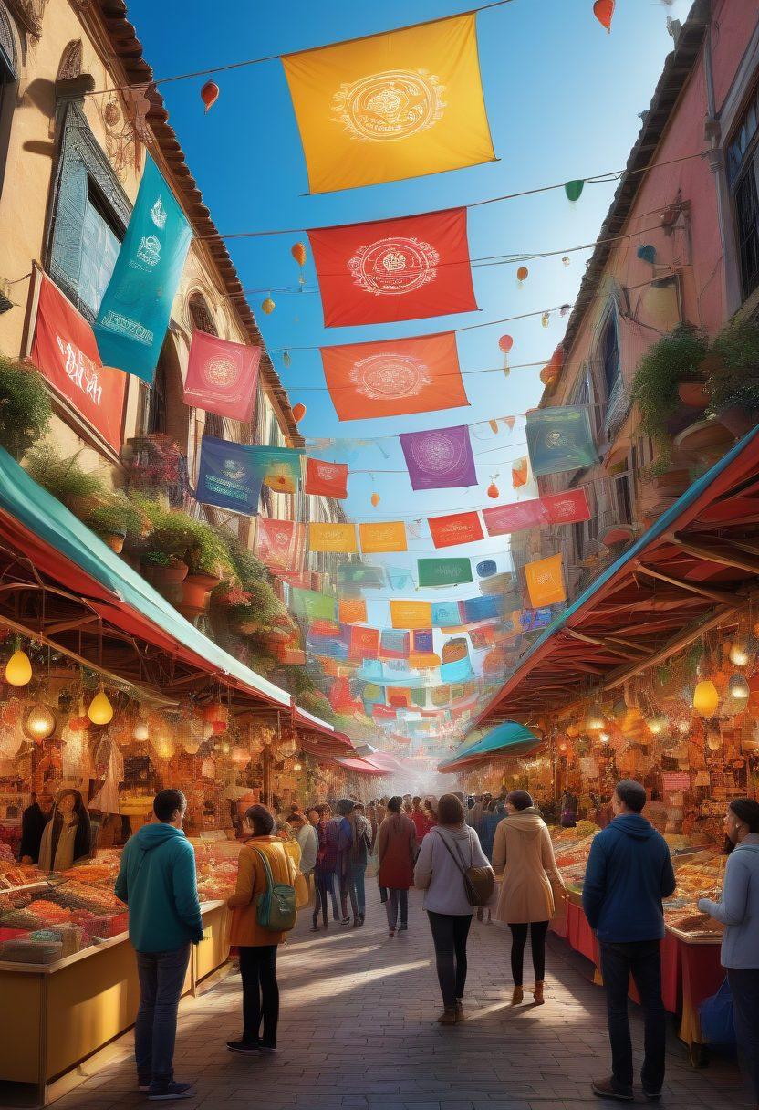 A vibrant, bustling marketplace filled with diverse individuals sharing ideas and products, displaying colorful banners representing various trends, with a central figure engaged in conversation, surrounded by innovative gadgets and artworks reflecting the SandB Community's creativity. vivid colors. dynamic composition. super-realistic.