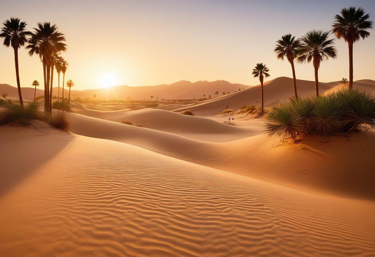 A picturesque desert landscape featuring a vibrant community gathering around a large, intricate sand dune oasis. Illustrated figures engaged in discussions, sharing stories, and enjoying the warm sunset. The background showcases palm trees and soft, flowing sand patterns, evoking a sense of warmth and togetherness. Overlay subtle outlines of articles and updates symbolizing knowledge sharing. vibrant colors. 3D. super-realistic.