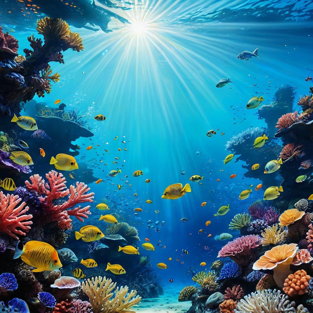 A vibrant underwater scene showcasing a diverse coral reef teeming with marine life, symbolizing the vast discussions of SandB. Bubbles and rays of light filtering through the water, with abstract representations of chat bubbles and highlight markers drifting among the fish. The background should feature a tranquil ocean blue, emphasizing depth and exploration. super-realistic. vibrant colors. 3D.